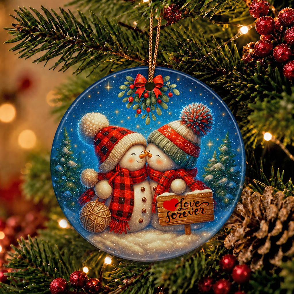Couple Christmas Ornament, Snowman Pair Mistletoe Love Gift, Ceramic Hanging Tree Decoration