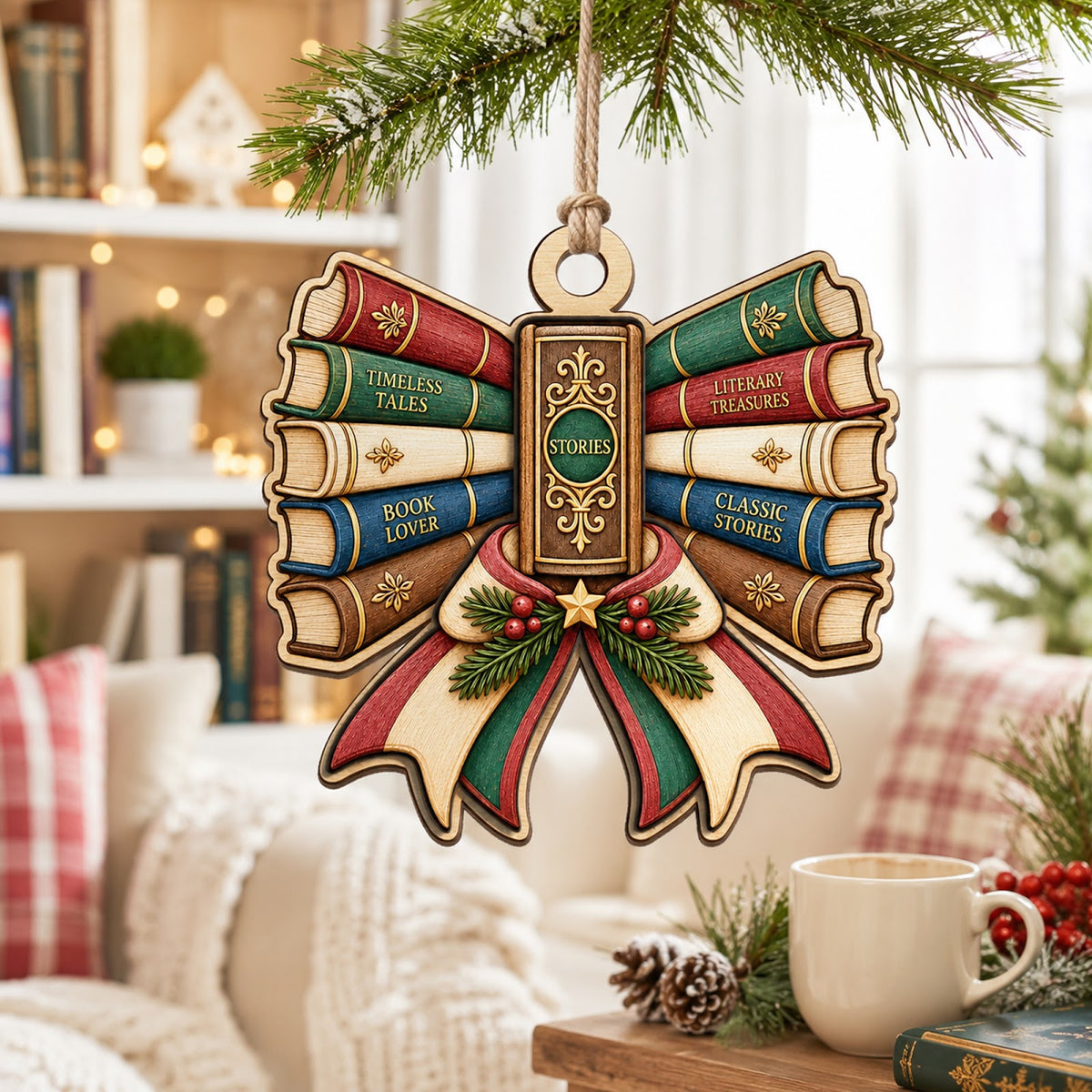 Book Bow Reader Holiday Library Christmas Ornament, Librarian Keepsake, Wood Tree Decoration