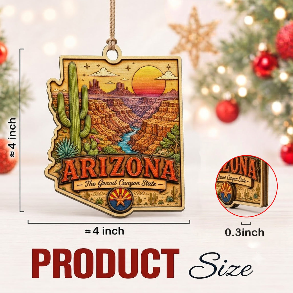 Arizona Christmas Ornament, Saguaro Cactus and Desert Souvenir Gift, Wood Tree Decoration