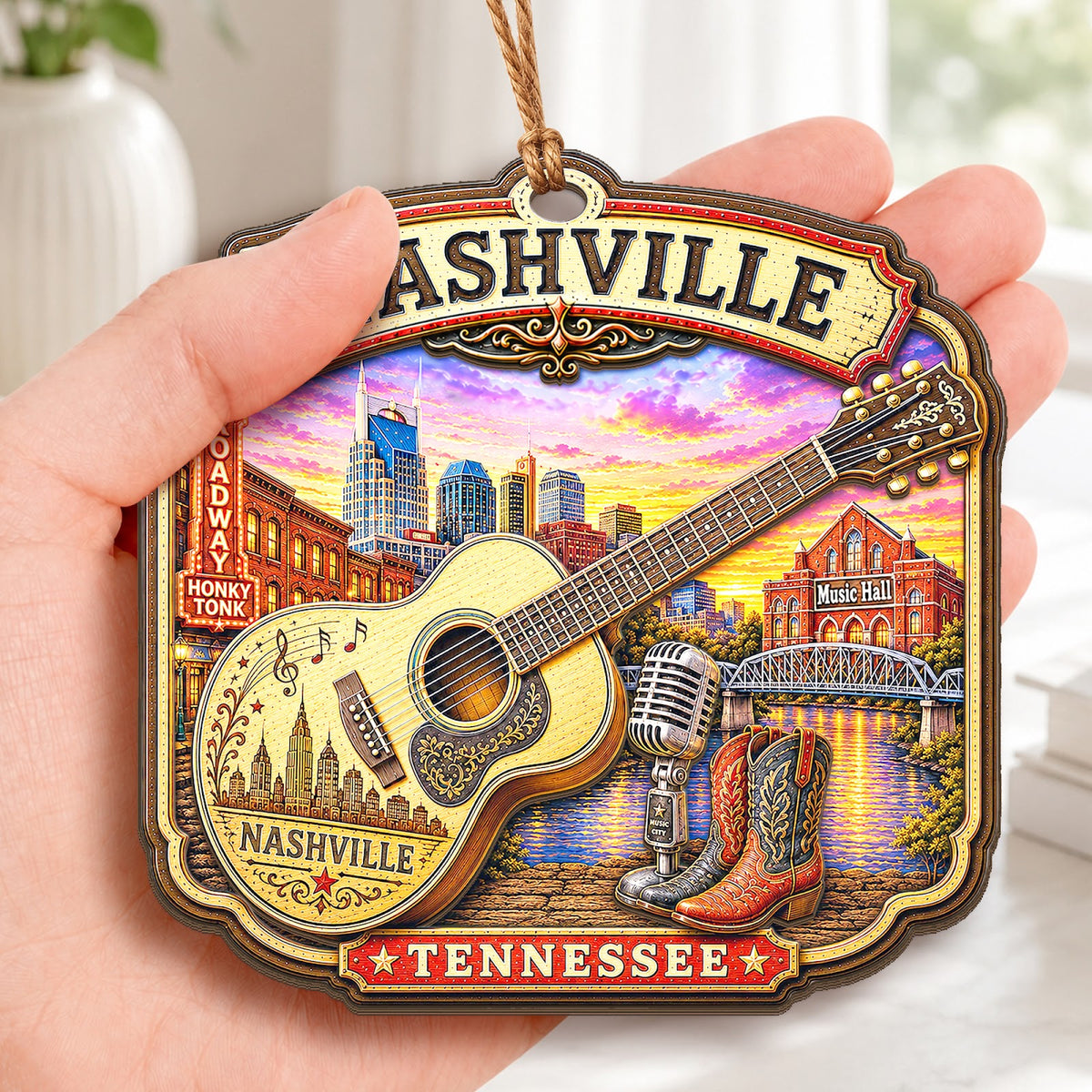 Nashville Christmas Ornament, Tennessee Music and Guitar Souvenir Gift, Wood Tree Decoration