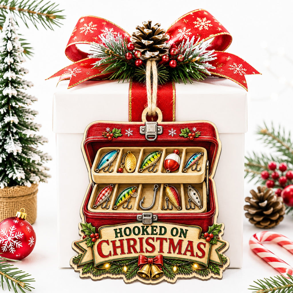 Box With Bobbers Fishing Tackle Christmas Ornament, Tackle Box Keepsake, Wood Tree Decoration