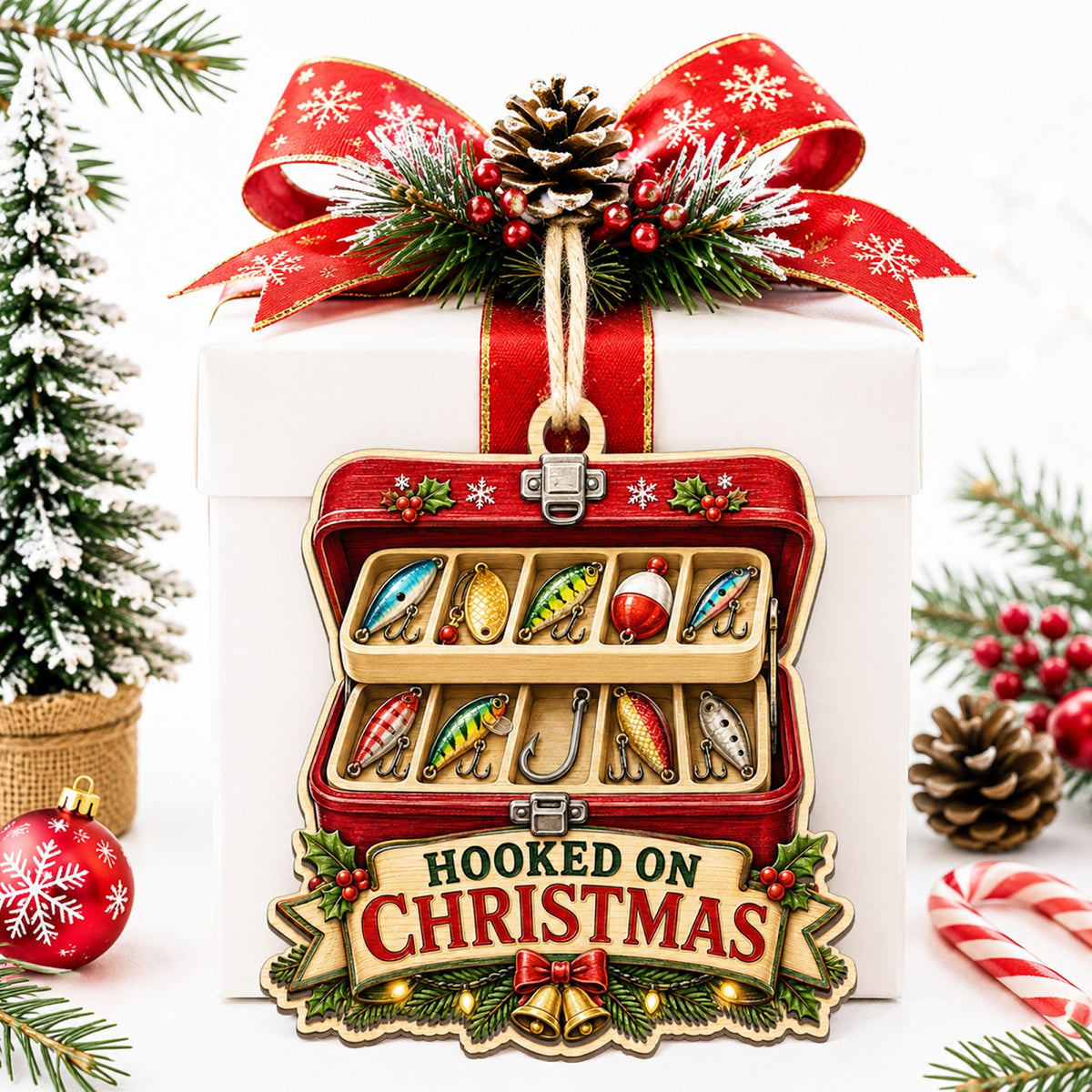Box With Bobbers Fishing Tackle Christmas Ornament, Tackle Box Keepsake, Wood Tree Decoration