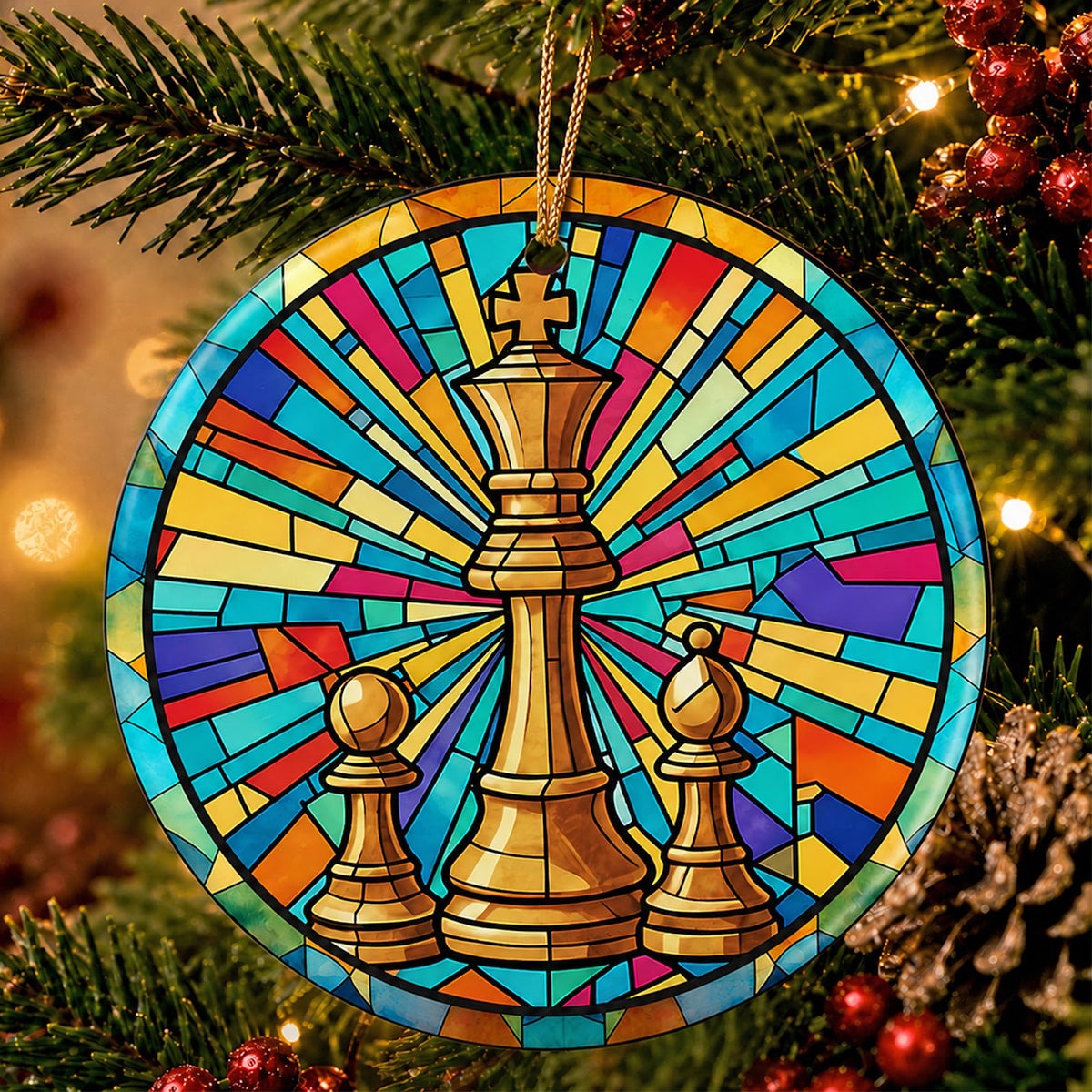 Chess Christmas Ornament, Stained Glass Chess Player Gift, Ceramic Hanging Tree Decoration