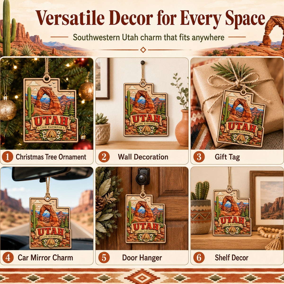 Utah Christmas Ornament, Red Rock Arches and Canyon Hiker Gift, Wood Hanging Tree Decoration