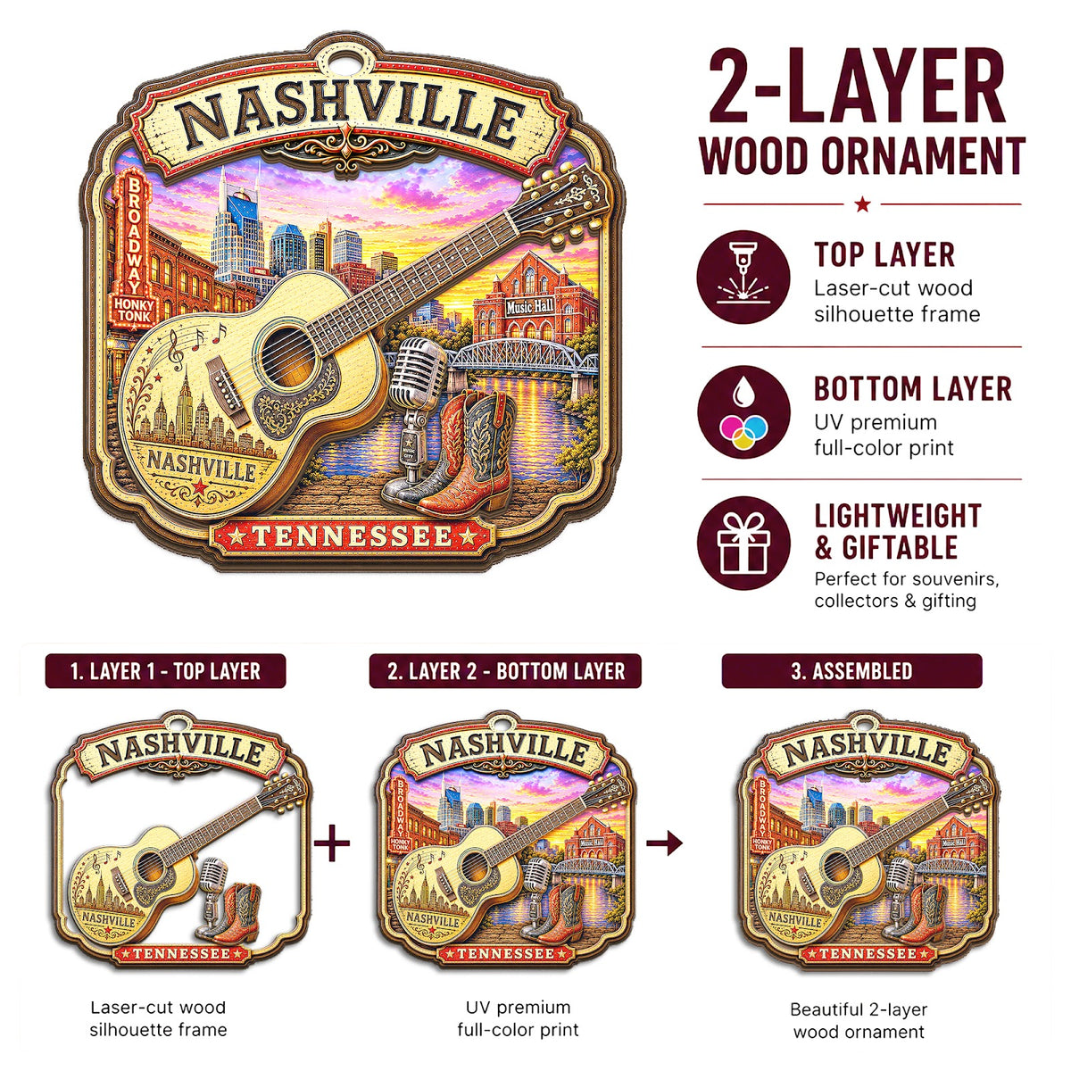 Nashville Christmas Ornament, Tennessee Music and Guitar Souvenir Gift, Wood Tree Decoration