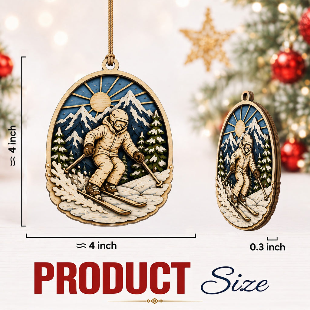 Skier Mountain Wood Christmas Ornament