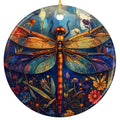 Large Dragonfly With Stained Glass Wings on a Starry Sky Ringed by Wildflowers. Ceramic Keepsake.