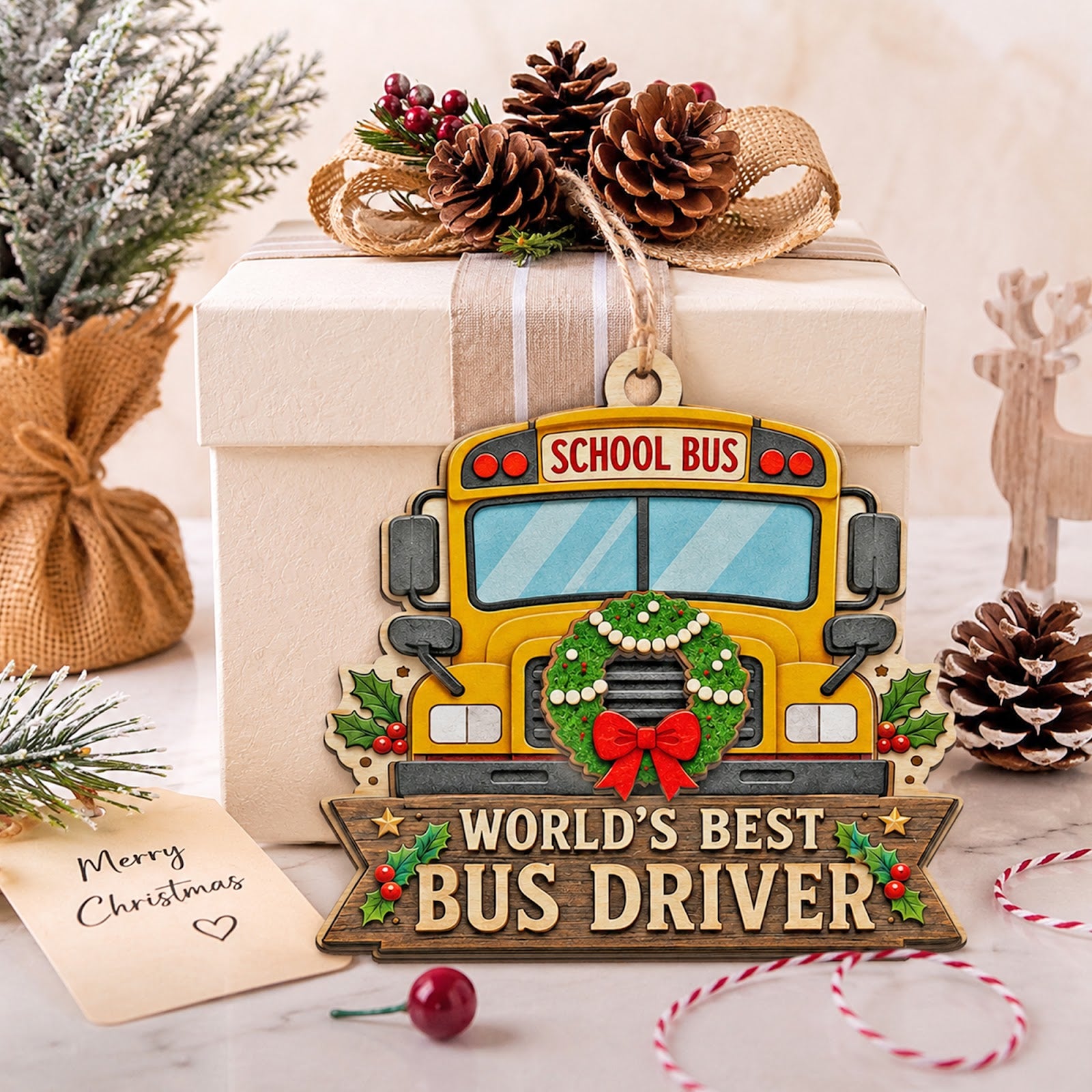 School Bus Driver Wood Christmas Ornament