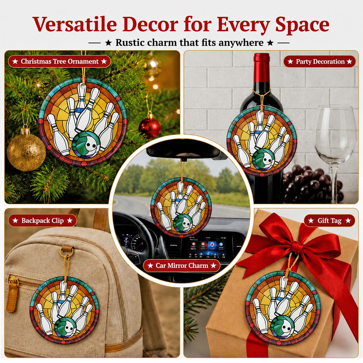 Bowling Christmas Ornament, Stained Glass League Team Gift, Ceramic Hanging Tree Decoration