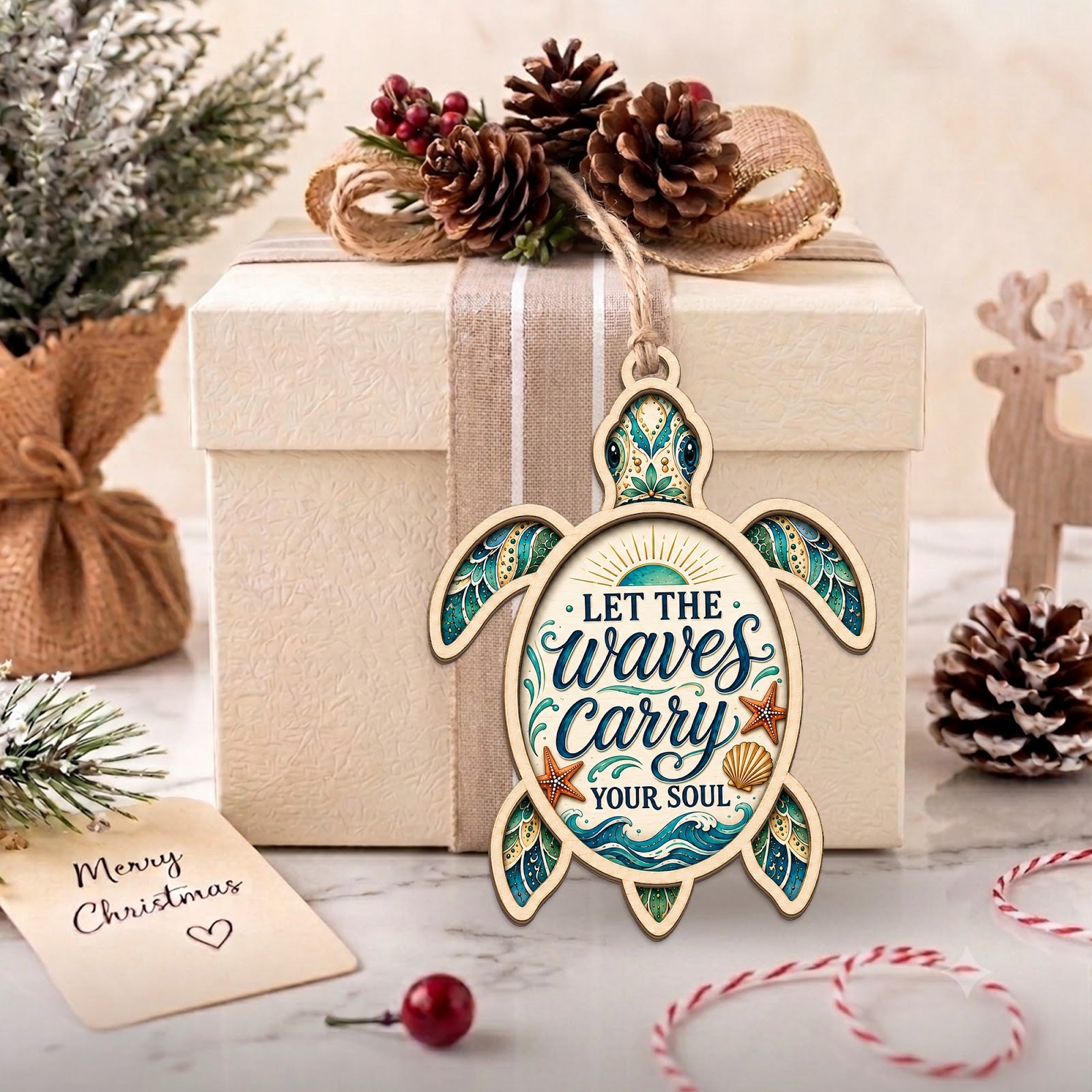 Turtle Soul Christmas Ornament, Ocean Lover Holiday Gift, Wood Hanging Tree Decoration