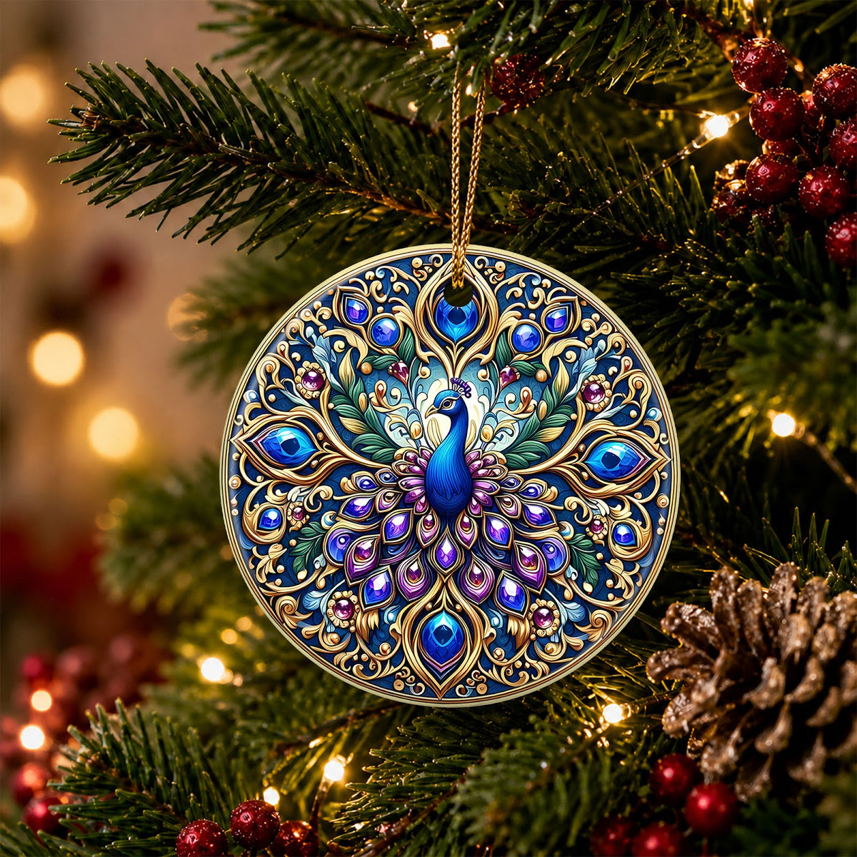 Peacock Christmas Ornament, Jeweled Mandala Elegant Gift, Ceramic Hanging Tree Decoration