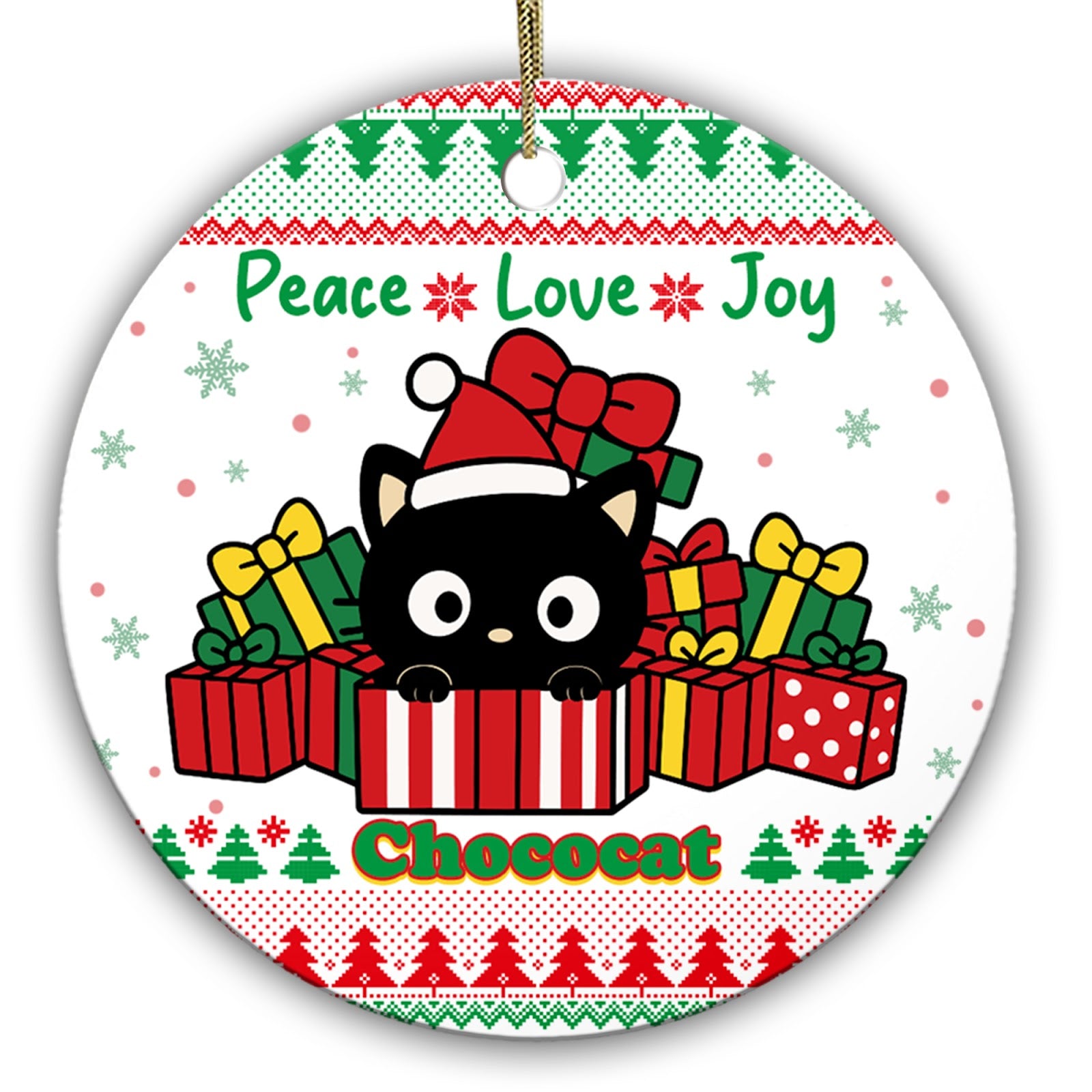 Round-Faced Black Cat in a Santa Hat Popping Out of a Striped Gift Box. Ceramic Keepsake for Cat Lovers.