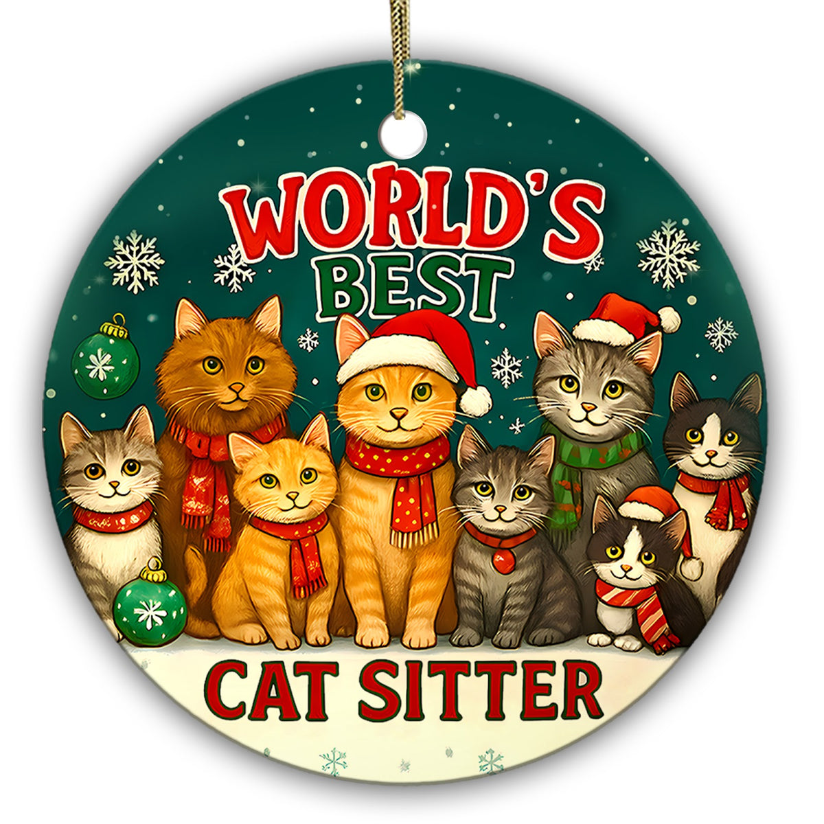 World's Best Cat Sitter. Nine Cats in Scarves and Santa Hats on a Ceramic Keepsake for Your Cat Sitter.