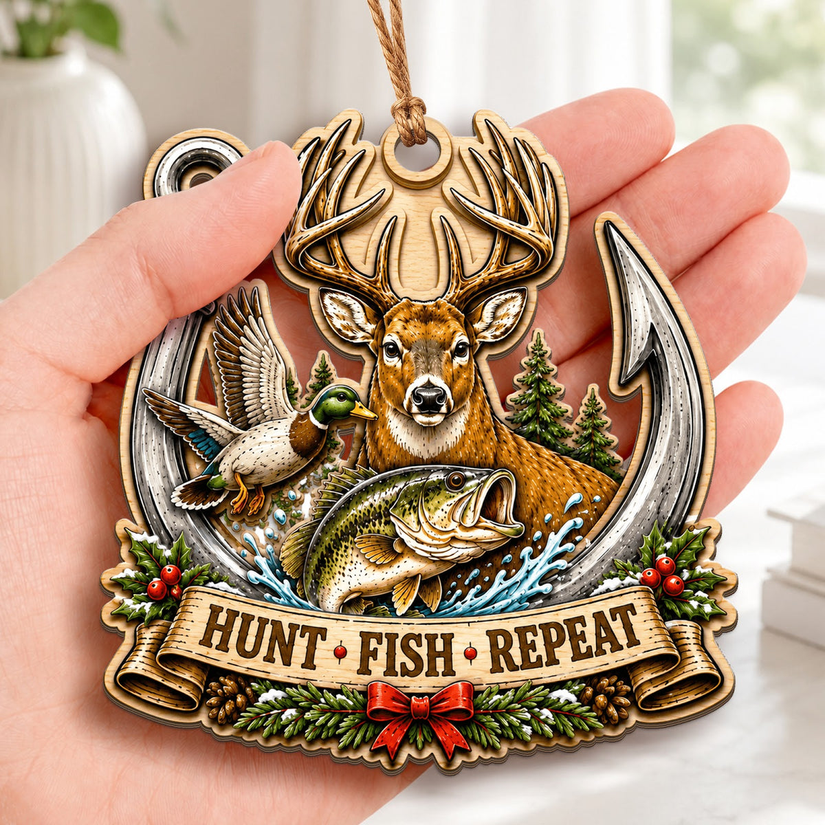Hunt Fish Repeat Outdoorsman Christmas Ornament, Outdoorsman Lifestyle Keepsake, Wood Ornament