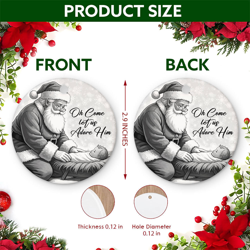 Kneeling Santa Christmas Ornament, Adore Him Nativity Keepsake, Ceramic Hanging Tree Decoration