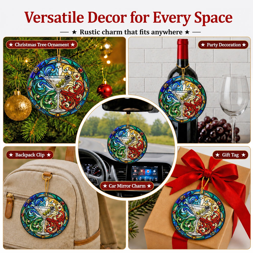 Martini Christmas Ornament, Stained Glass Cocktail Bar Gift, Ceramic Hanging Tree Decoration