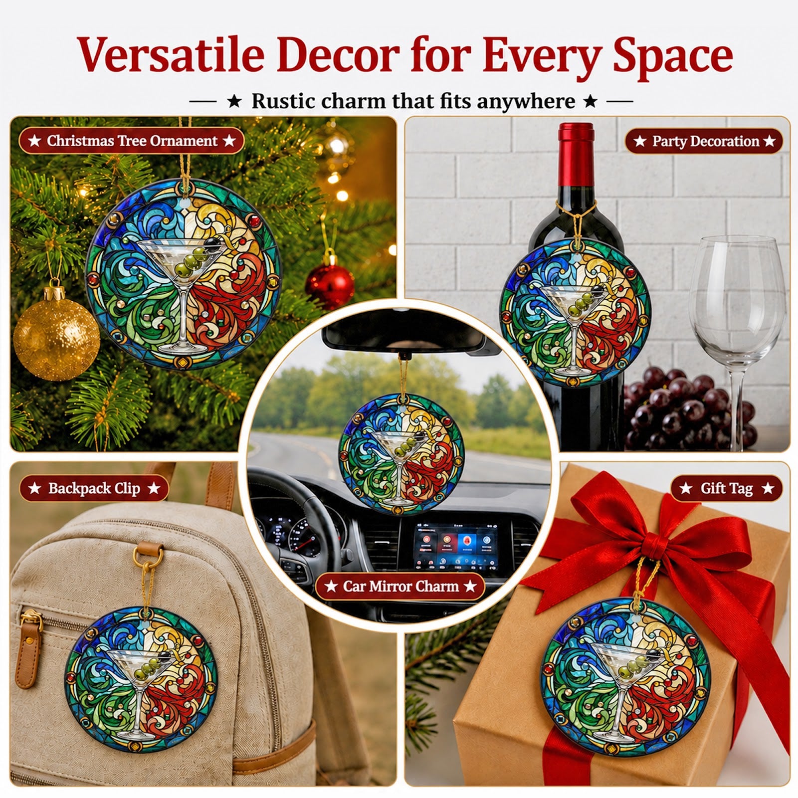 Martini Christmas Ornament, Stained Glass Cocktail Bar Gift, Ceramic Hanging Tree Decoration