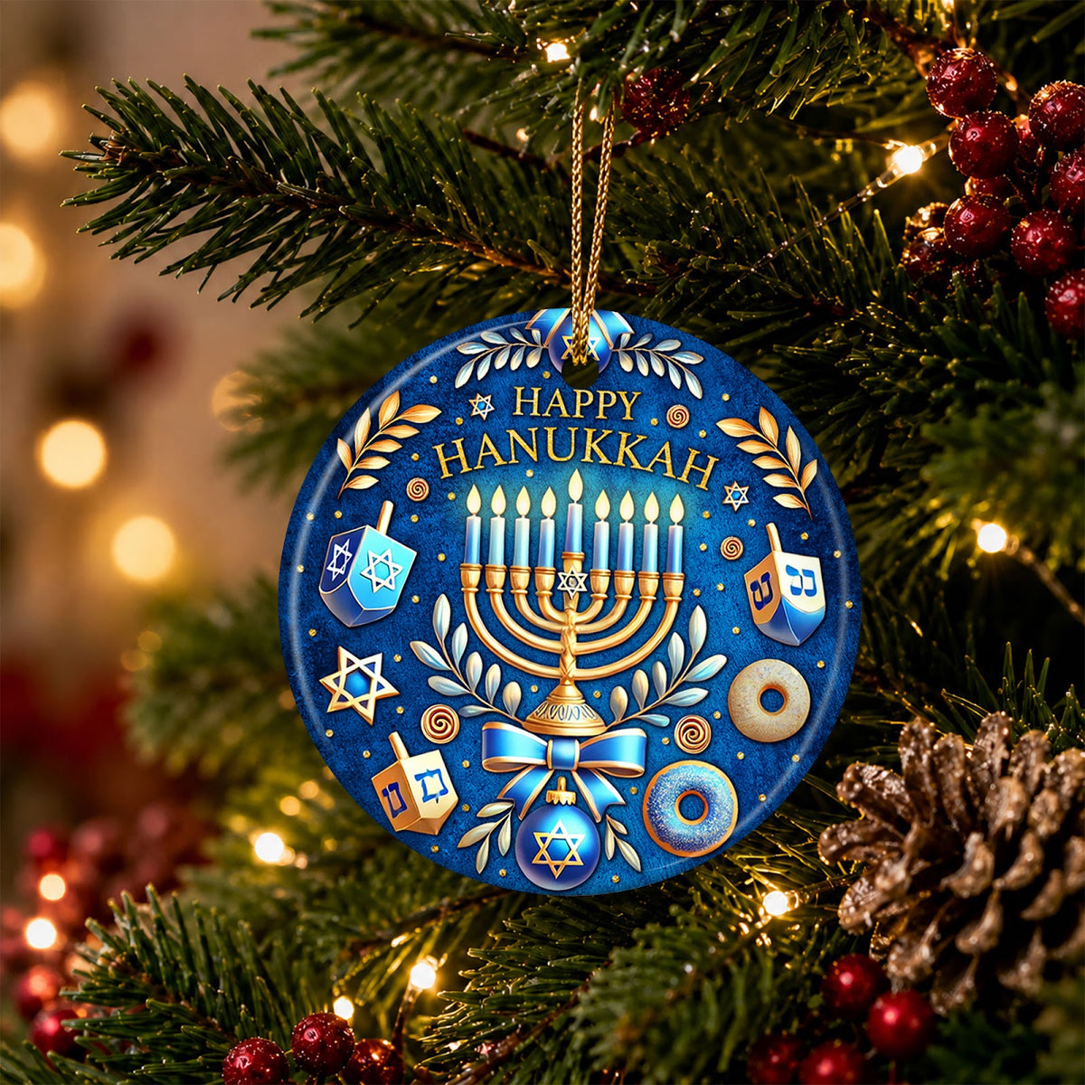 Hanukkah Christmas Ornament, Gold Menorah Elegant Jewish Gift, Ceramic Hanging Tree Decoration