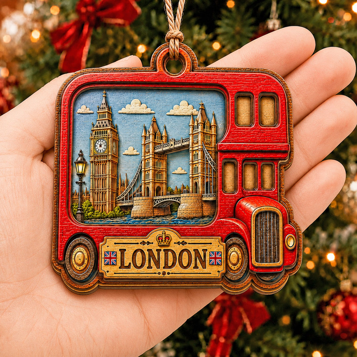 London Bus Christmas Ornament, England Tower Bridge Souvenir Gift, Wood Hanging Tree Decoration