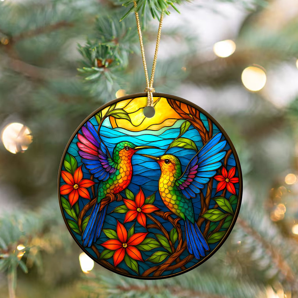 Hummingbird Christmas Ornament, Stained Glass Bird Lover Gift, Ceramic Hanging Tree Decoration