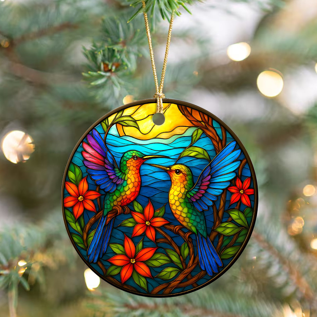 Hummingbird Christmas Ornament, Stained Glass Bird Lover Gift, Ceramic Hanging Tree Decoration