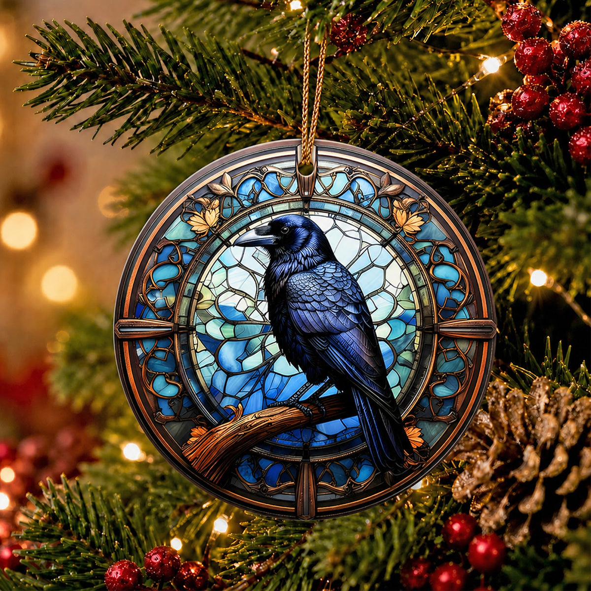 Raven Christmas Ornament, Gothic Stained Glass Crow Gift, Ceramic Hanging Tree Decoration