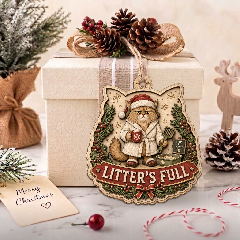 Cat Litter Christmas Ornament, Stocking Stuffer For Cat Mom, Wood Hanging Tree Decoration