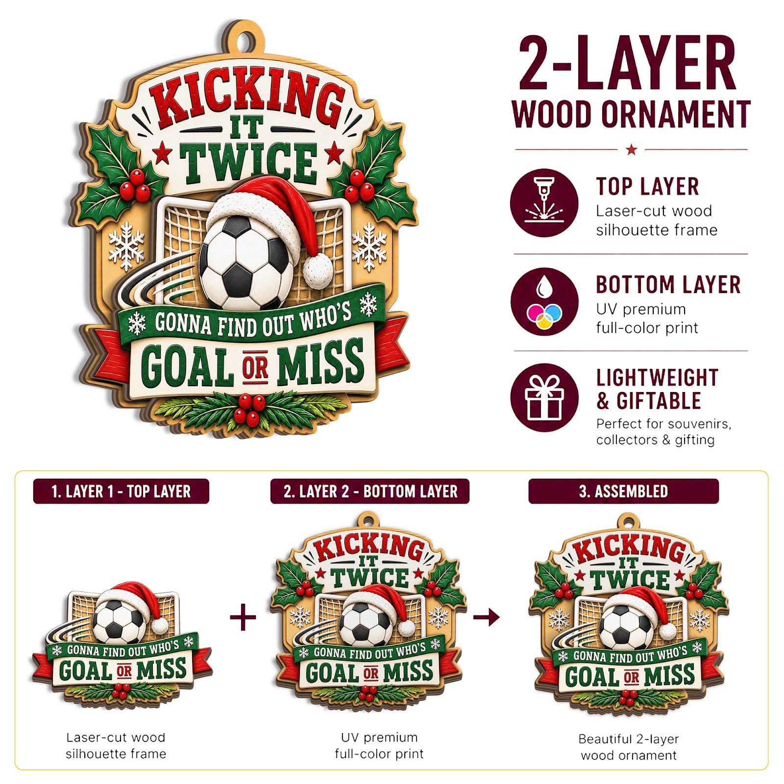 Soccer Santa Hat Wood Christmas Ornament