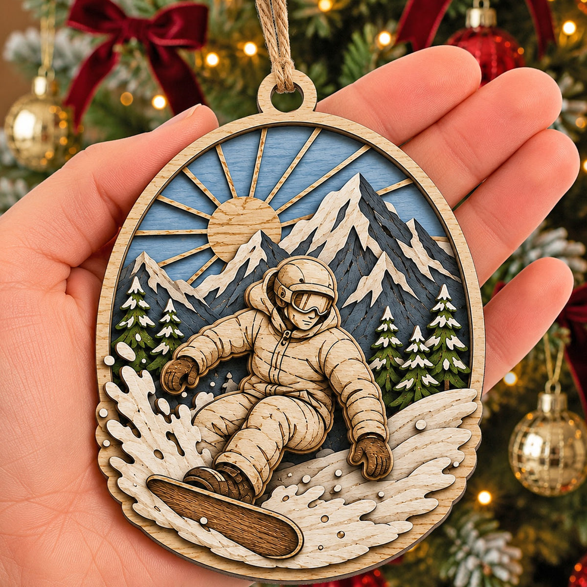 Snowboarder Mountain Wood Christmas Ornament