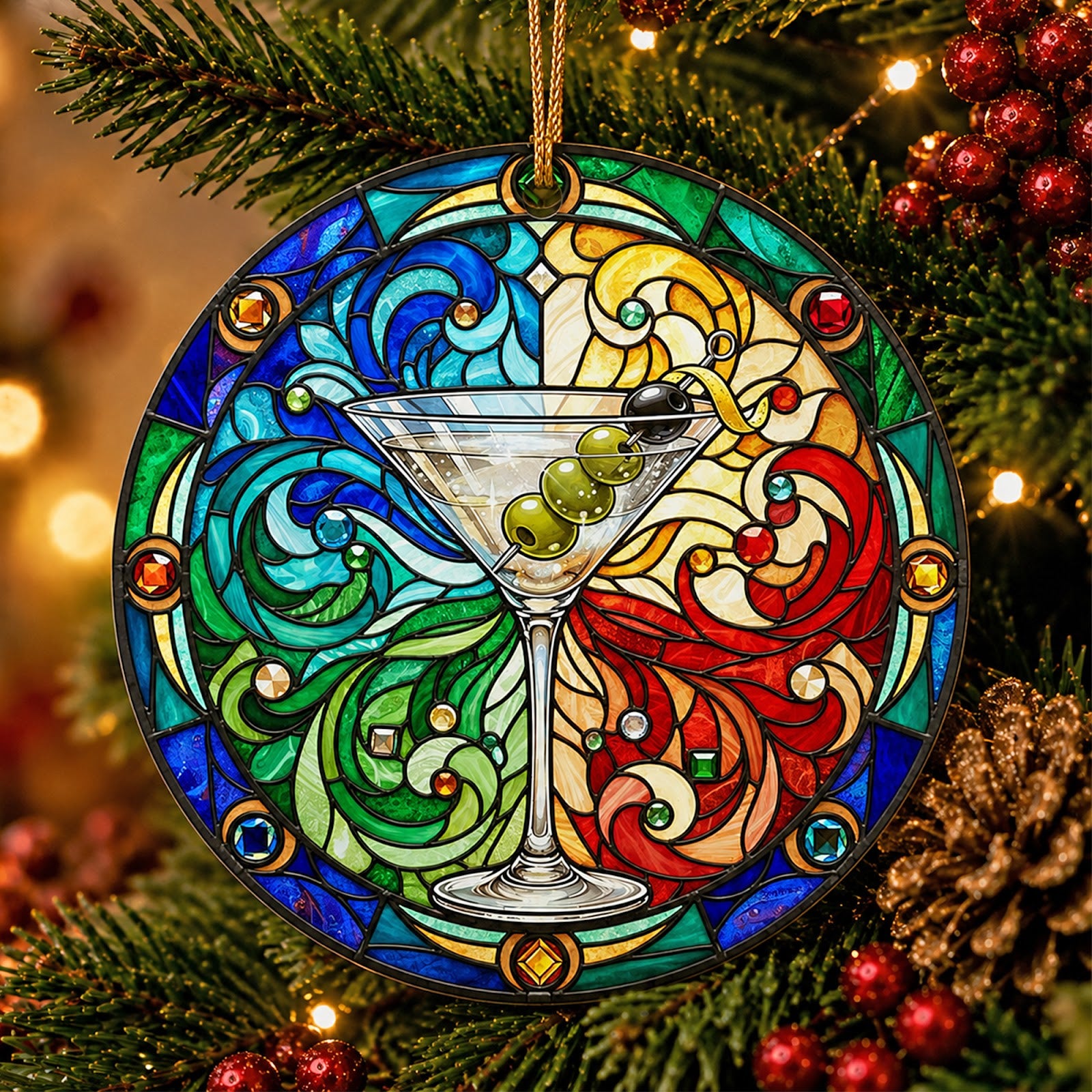 Martini Christmas Ornament, Stained Glass Cocktail Bar Gift, Ceramic Hanging Tree Decoration