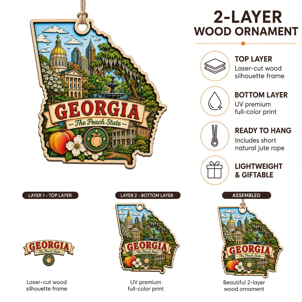 Georgia Christmas Ornament, Peach and Savannah Magnolia Souvenir Gift, Wood Tree Decoration