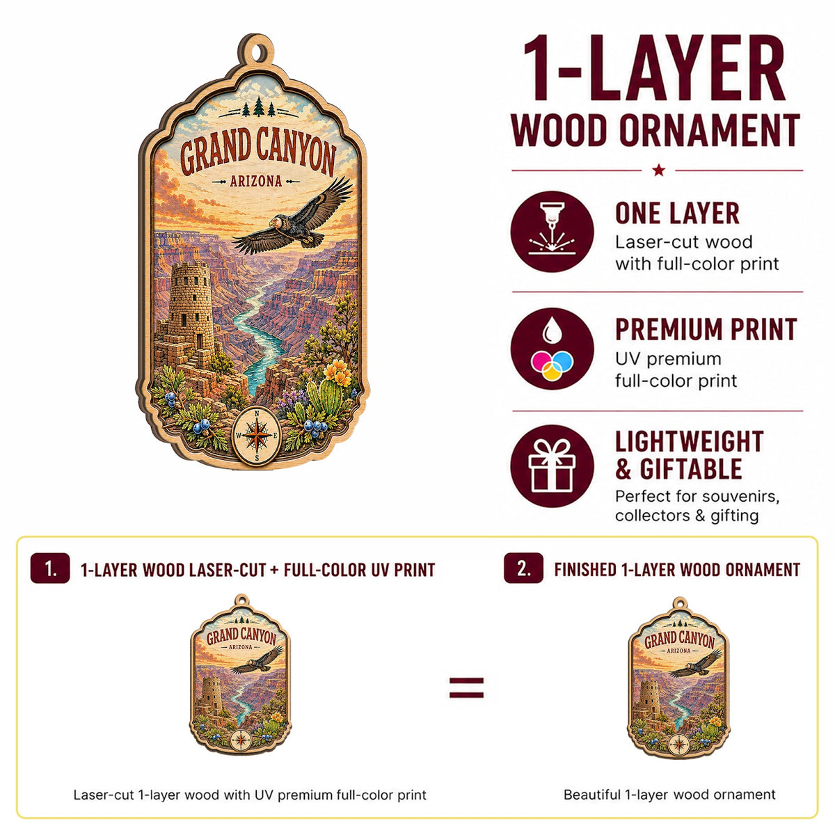 Grand Canyon Christmas Ornament, Arizona National Park Souvenir Gift, Wood Tree Decoration