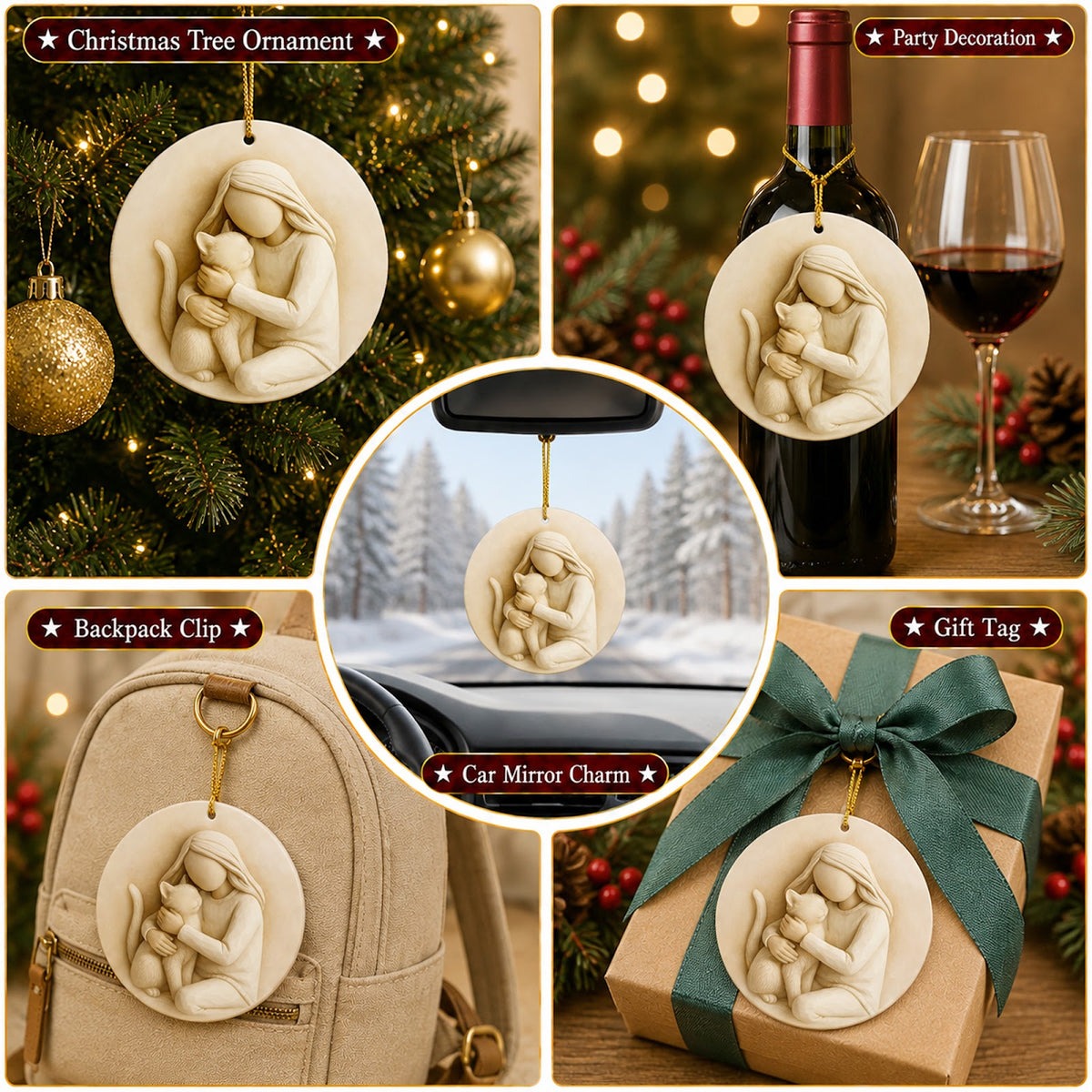 Cat Christmas Ornament, Sculpted Woman Hugging Cat Gift, Ceramic Hanging Tree Decoration