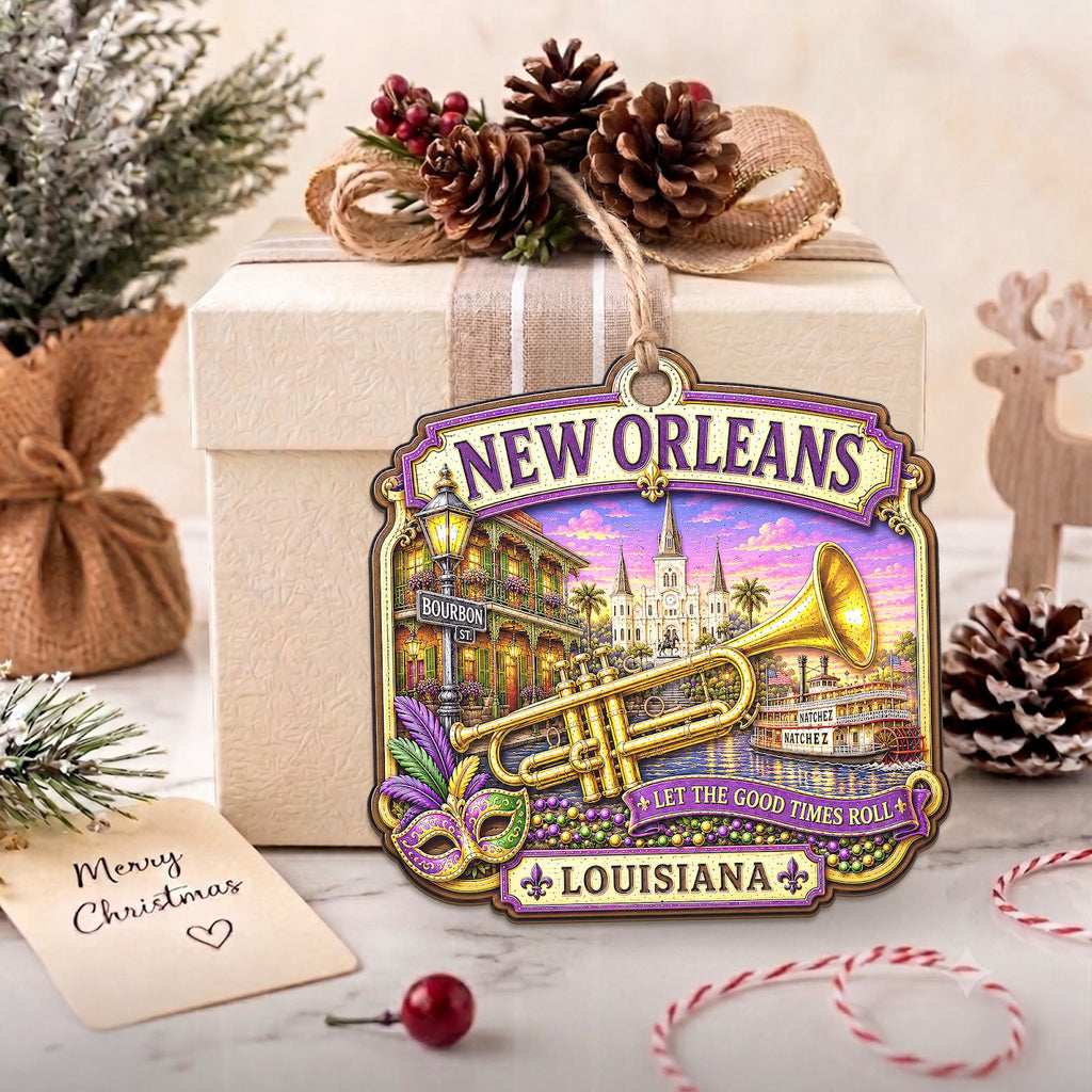 New Orleans Christmas Ornament, Louisiana Jazz Travel Souvenir Gift, Wood Tree Decoration