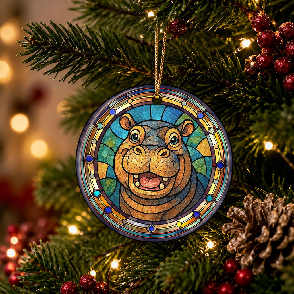 Hippo Christmas Ornament, Stained Glass Zoo Animal Gift, Ceramic Hanging Tree Decoration