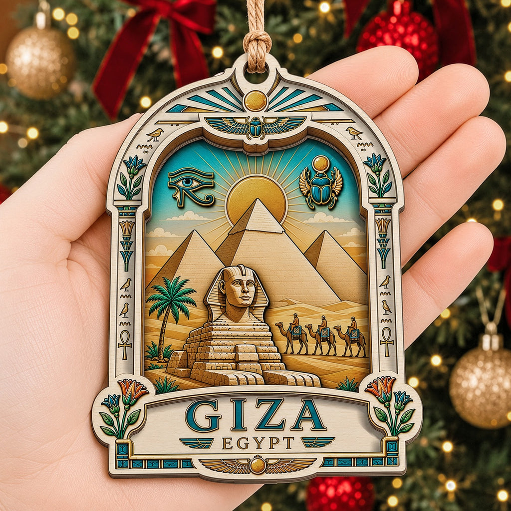 Egypt Christmas Ornament, Giza Pyramid and Sphinx Souvenir Gift, Wood Hanging Tree Decoration