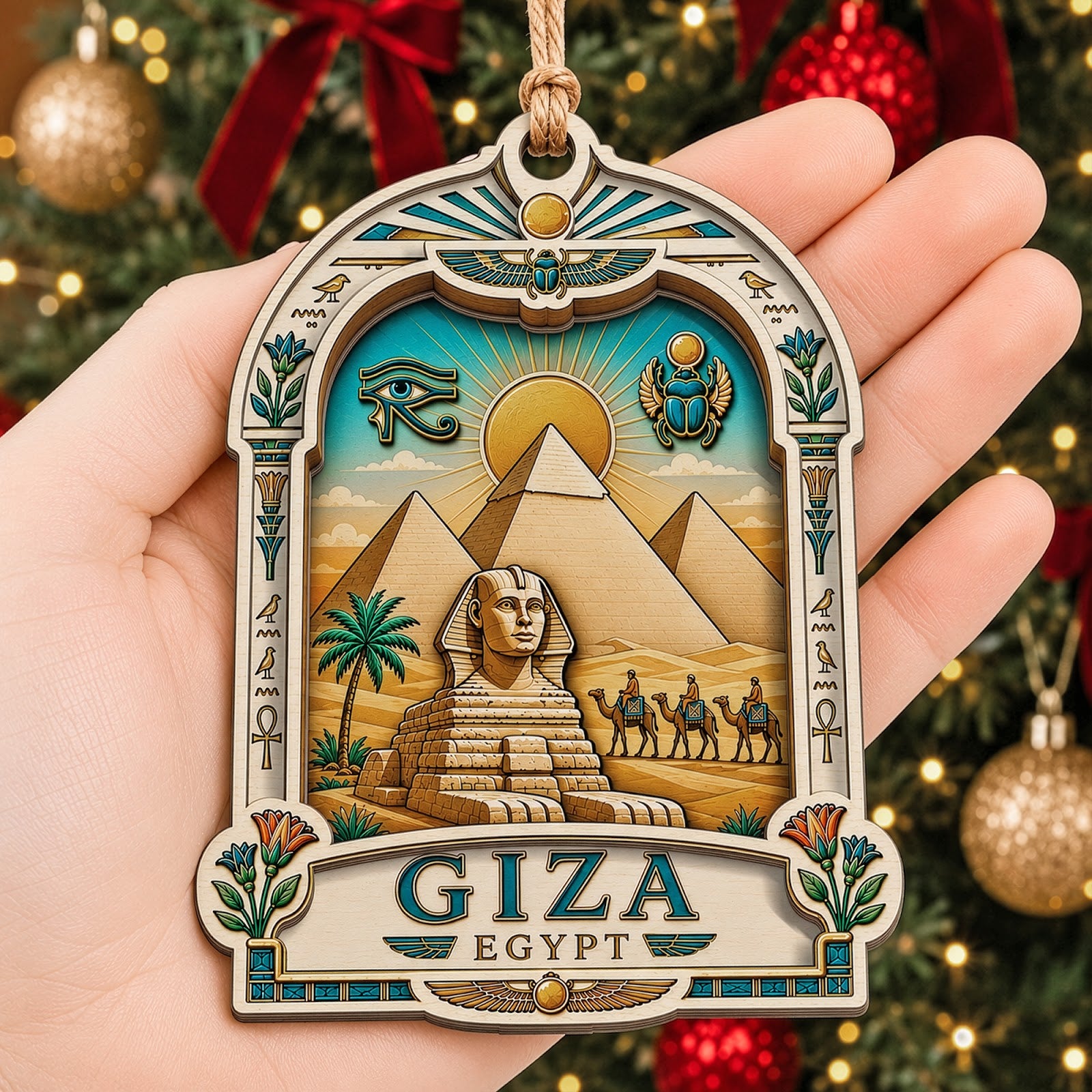 Egypt Christmas Ornament, Giza Pyramid and Sphinx Souvenir Gift, Wood Hanging Tree Decoration