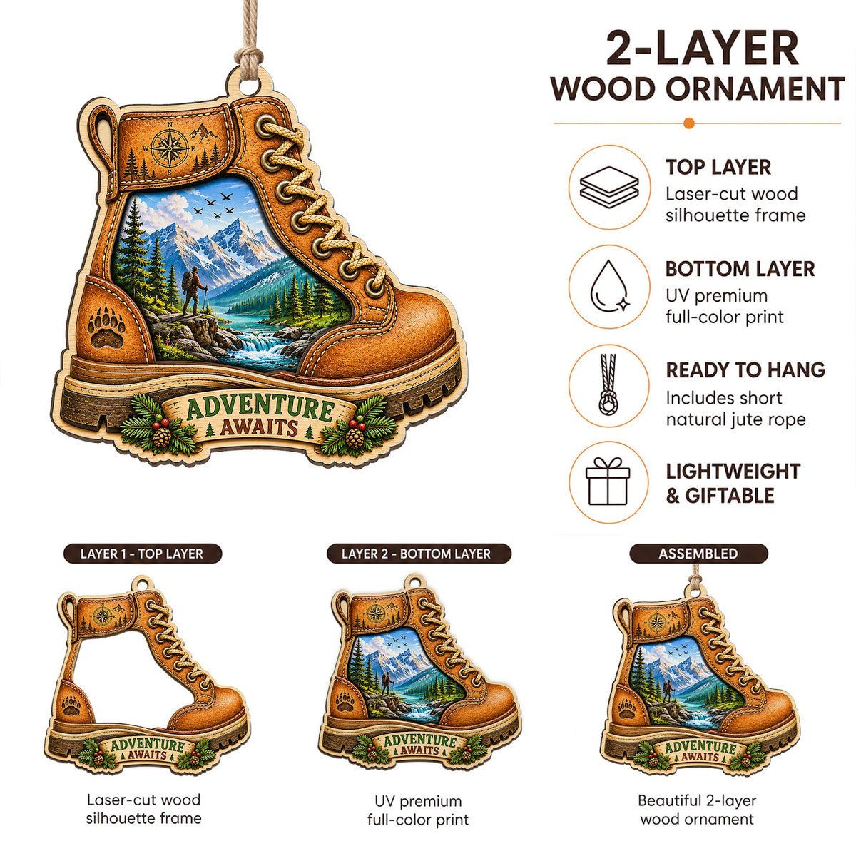 Hiking Boot Trail Outdoor Sport Christmas Ornament, Stocking Stuffer For Hiker, Wood Ornament