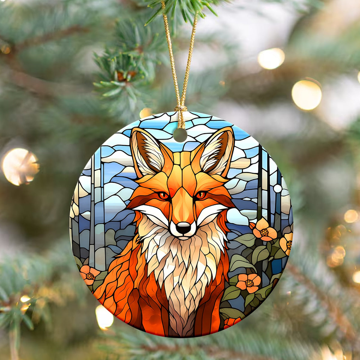 Fox Christmas Ornament, Stained Glass Woodland Animal Gift, Ceramic Hanging Tree Decoration