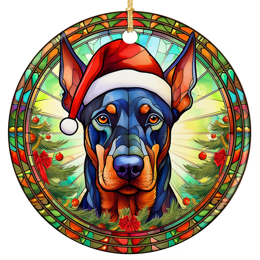 Leaded Glass Doberman in a Santa Hat Before a Radiant Sunburst. Ceramic Keepsake for Doberman Owners.