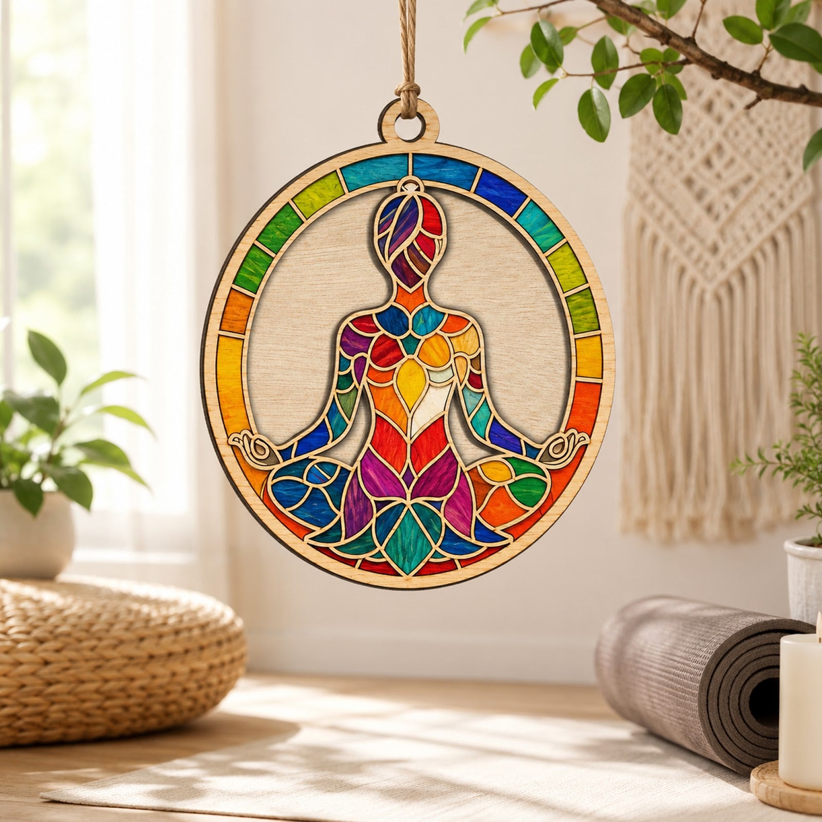 Stained Glass Yoga Wood Christmas Ornament