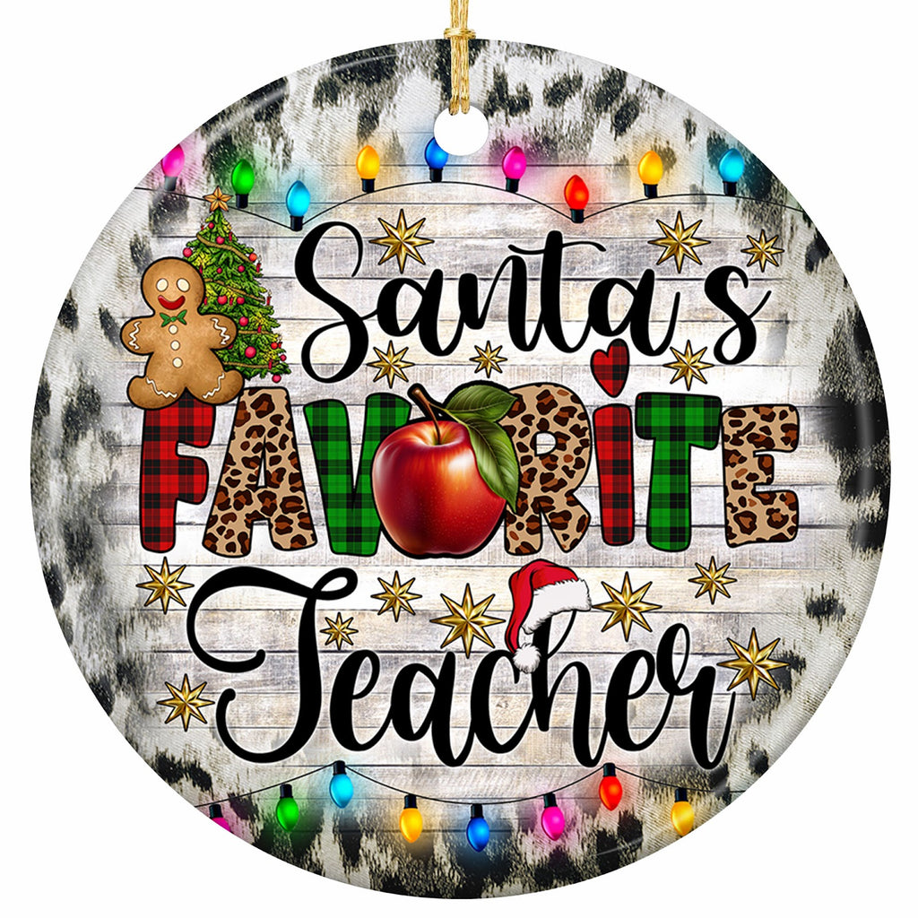 Plaid and Leopard Lettering on Whitewashed Planks With a Red Apple and Bulb Strings. Ceramic Keepsake for Teachers.