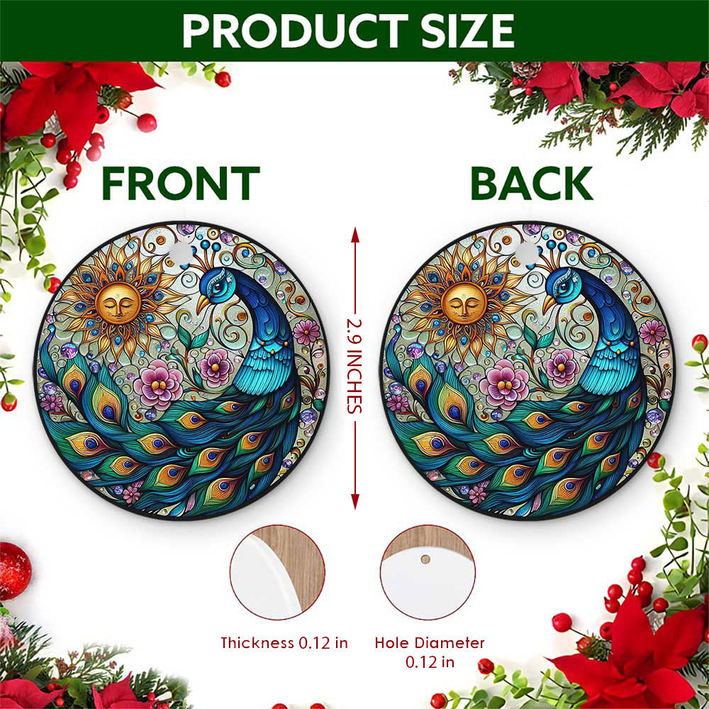 Peacock Christmas Ornament, Stained Glass Sun Boho Gift, Ceramic Hanging Tree Decoration