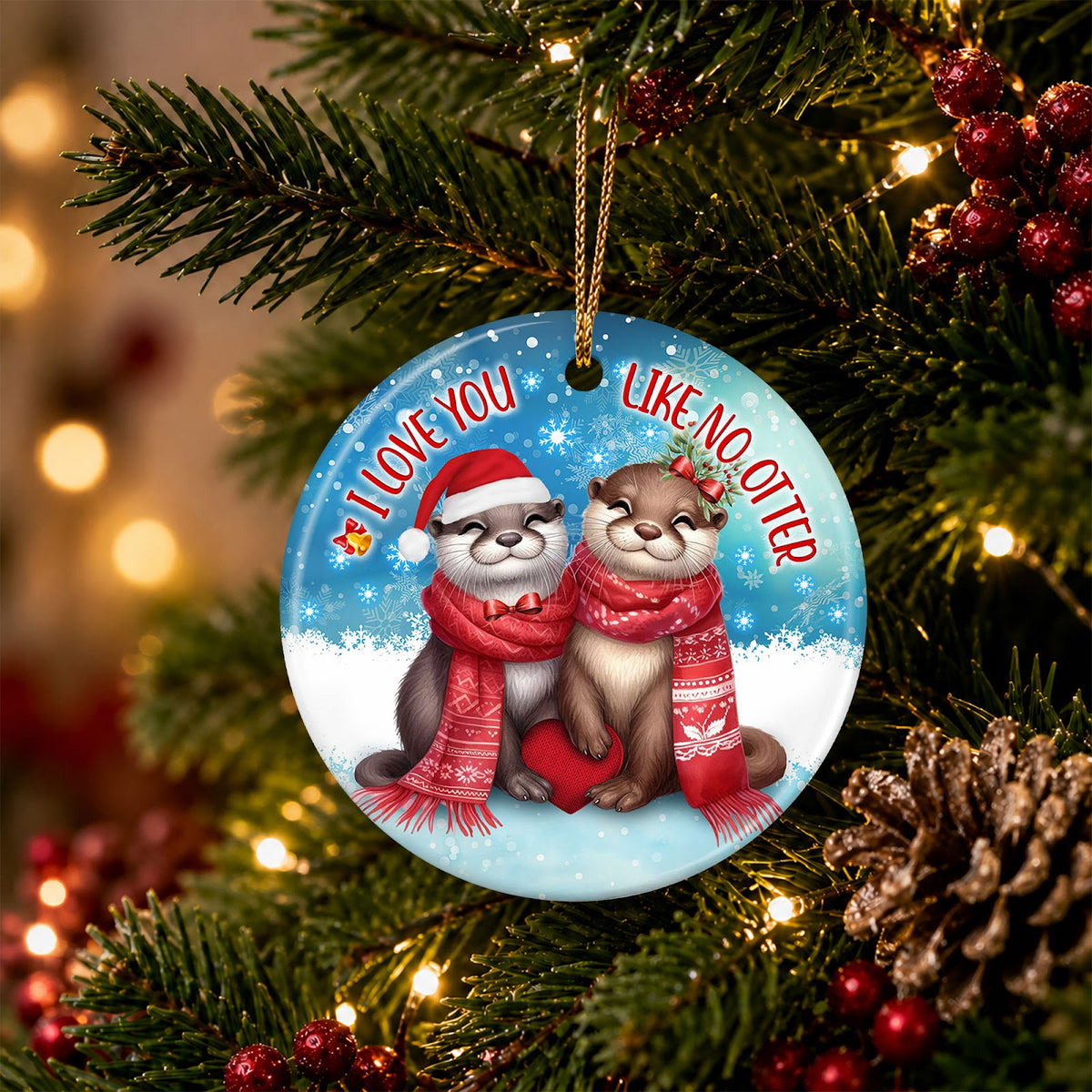 Otter Christmas Ornament, Love You Like No Otter Couples, Ceramic Hanging Tree Decoration