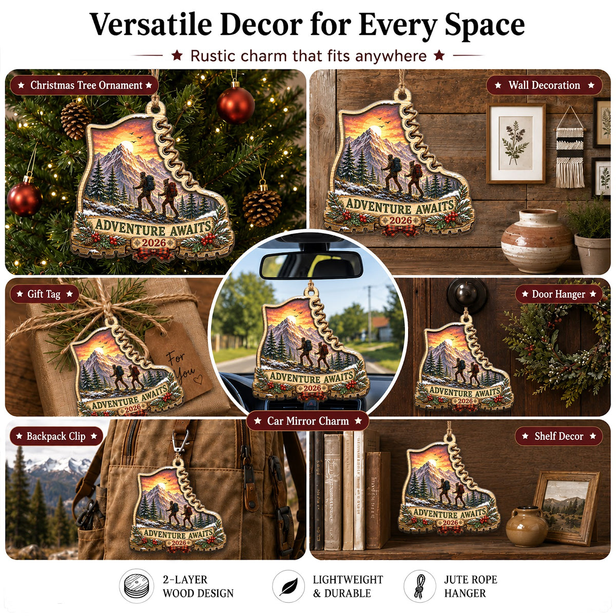 Hiking Mountain Trail Adventure Christmas Ornament, Stocking Stuffer For Hiker, Wood Ornament