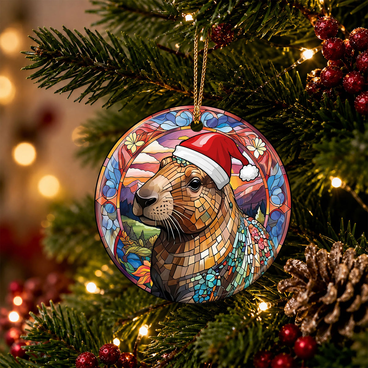 Capybara Christmas Ornament, Stained Glass Santa Hat Gift, Ceramic Hanging Tree Decoration