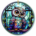 Iridescent Owl on a Branch Before a Leaded Lattice Window With Curling Vines. Ceramic Keepsake for Owl Lovers.