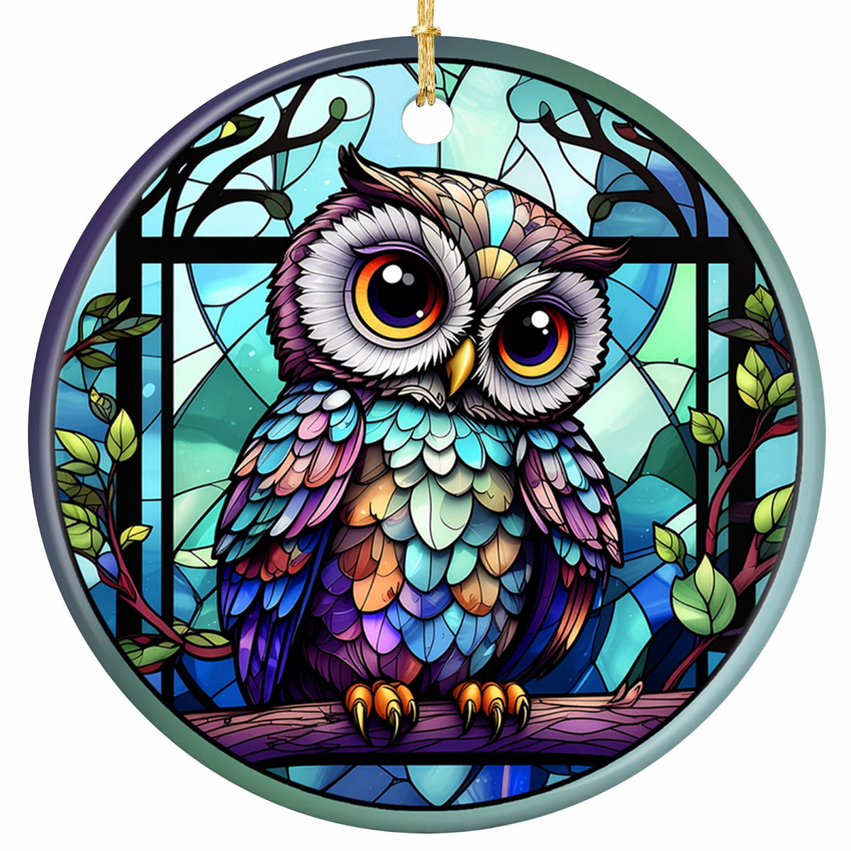Iridescent Owl on a Branch Before a Leaded Lattice Window With Curling Vines. Ceramic Keepsake for Owl Lovers.