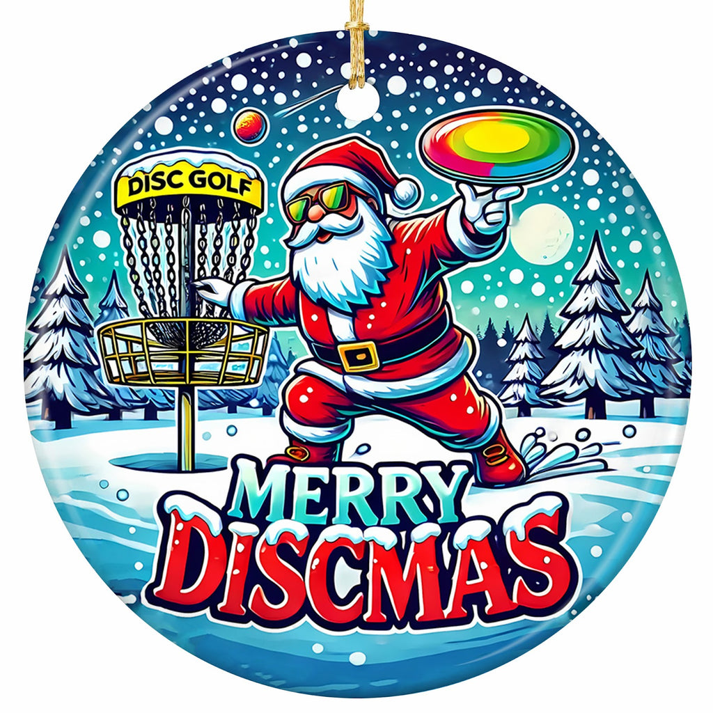 Santa in Rainbow Shades Mid-Throw Beside a Chain Basket on a Snowy Course. Ceramic Keepsake for Disc Golfers.