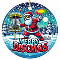 Santa in Rainbow Shades Mid-Throw Beside a Chain Basket on a Snowy Course. Ceramic Keepsake for Disc Golfers.
